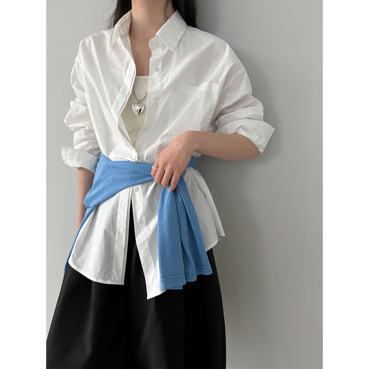 Korean simple casual high-end solid-color cotton shirt women's new spring lazy top
