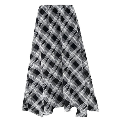 Korean simple plaid A-word skirt women's summer new tulle drape irregular skirt