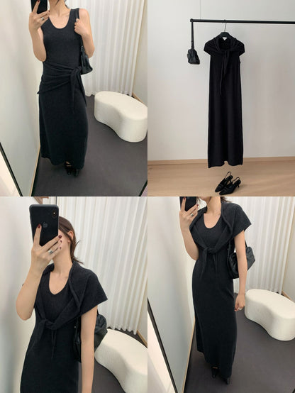 U-Neck Sleeveless Dress Women High Waist Wool Knit Maxi Two-Piece