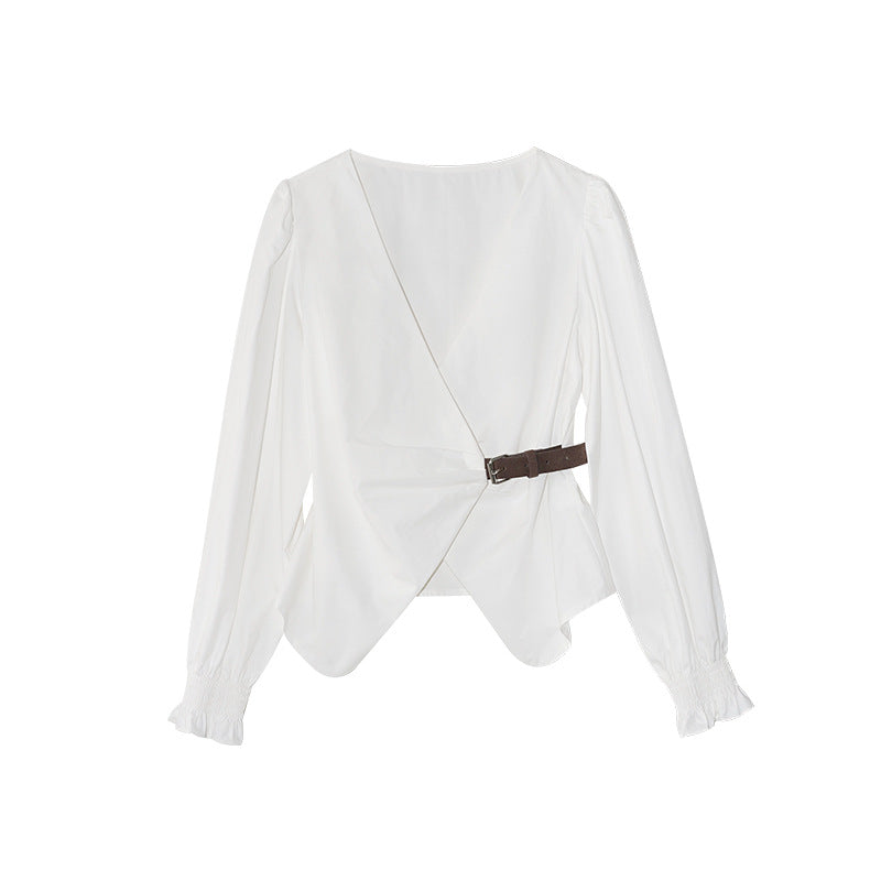 Temperament diagonal placket waist leather buckle v-neck long-sleeved shirt