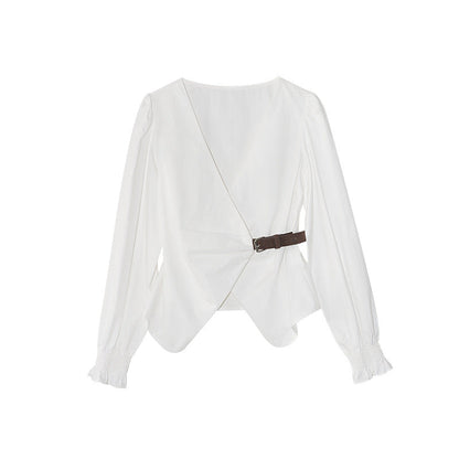 Temperament diagonal placket waist leather buckle v-neck long-sleeved shirt