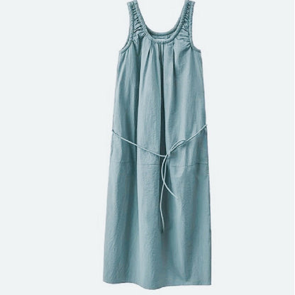 Versatile solid color temperament U-neck halter back pleated round rope vest dress