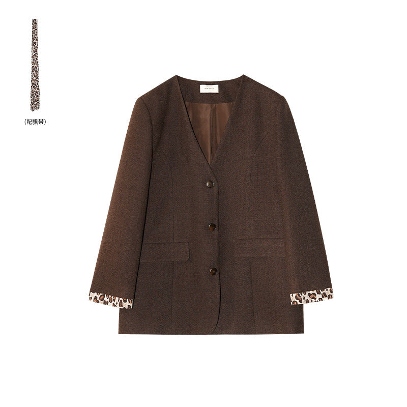 Women's Leopard Print V-Neck Pocket Loose Long Sleeve Blazer