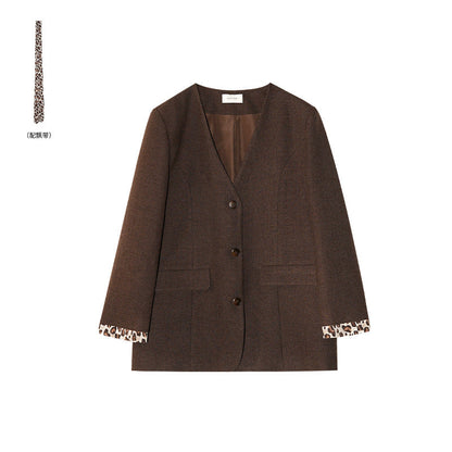 Women's Leopard Print V-Neck Pocket Loose Long Sleeve Blazer