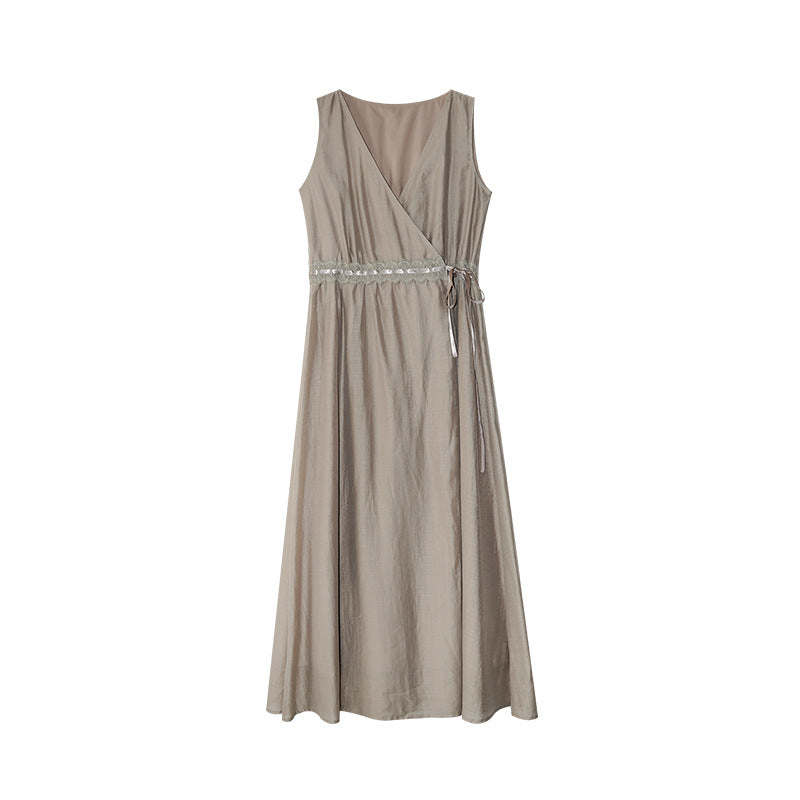 Women's V-Neck Sleeveless High-Waist Belted Tencel Maxi Dress