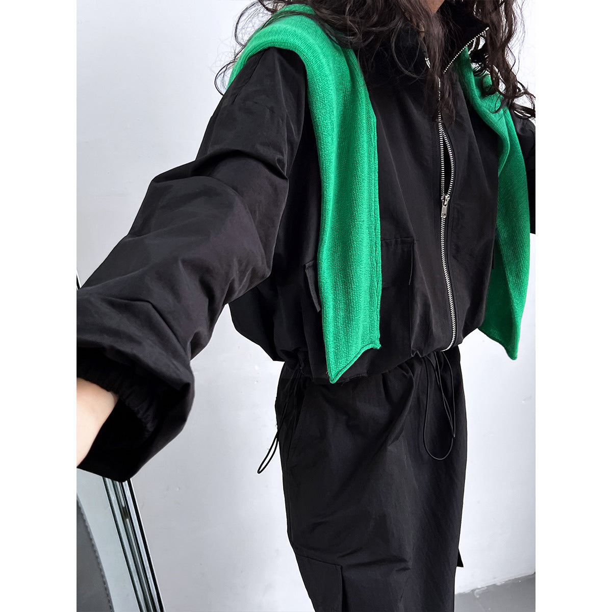 American short jacket + drawstring skirt two-piece outdoor sports tooling suit women