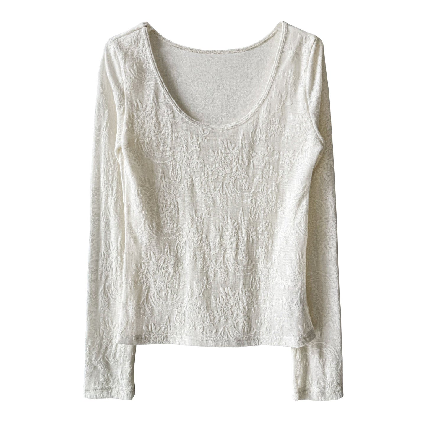 Gentle heavy industry jacquard big U-neck slightly transparent texture bottoming shirt women's spring new temperament top