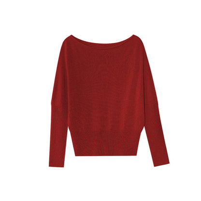 Multi-color all-wool pit strip long-sleeved slanted shoulder two-wear pullover sweater