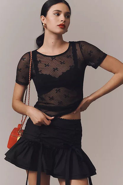 Mesh transparent lace bottomed short-sleeved top