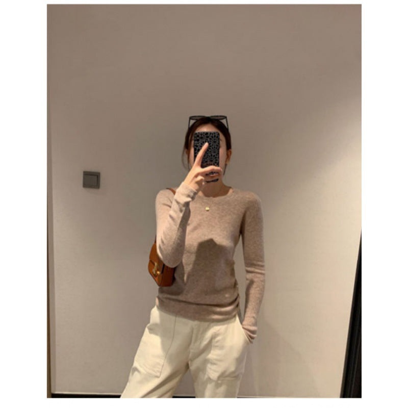 Wool Knitted Sweater Women Round Neck Long Sleeve Slim Fit Top