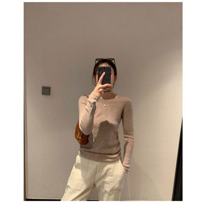 Wool Knitted Sweater Women Round Neck Long Sleeve Slim Fit Top