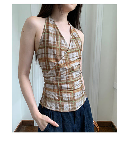 Sexy Spice Girl Halter Lace-Up Neck Checkered Small Suspender Vest