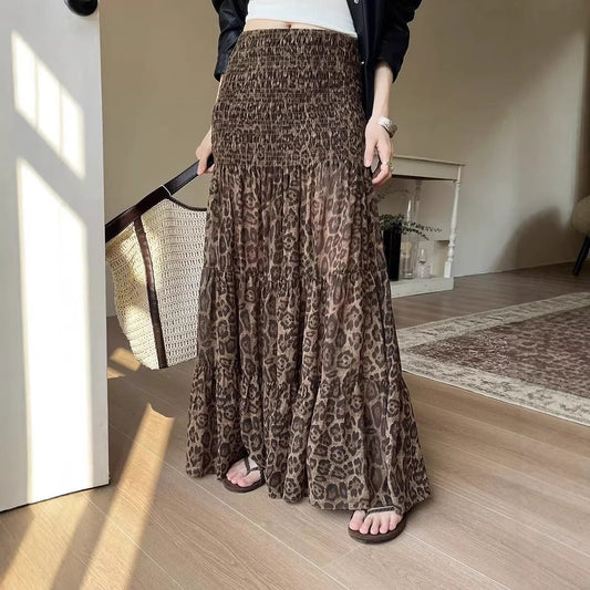 Folded Leopard Chiffon Printed Versatile Casual Cake Skirt