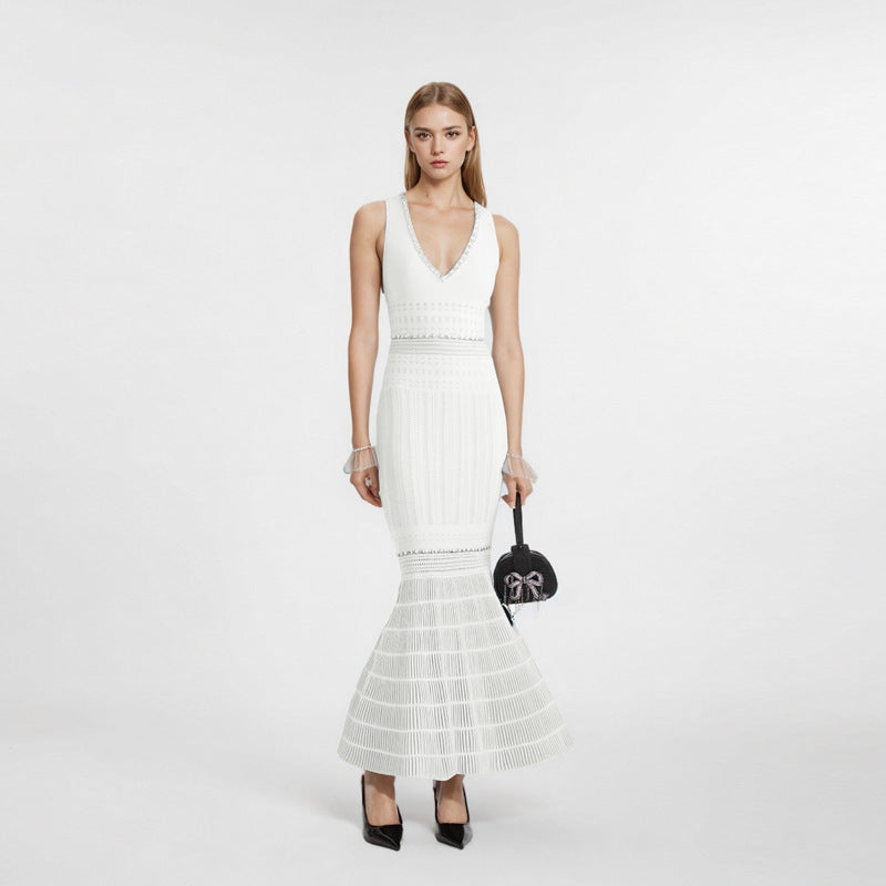 V-Neck Sleeveless Dress Women High Waist Beaded Fishtail Midi