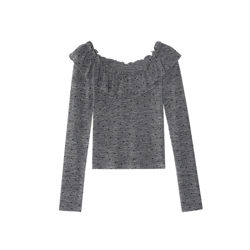 French sweet age-reducing slim-fit polka-dot long-sleeved ruffle top