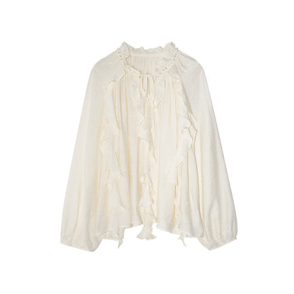 Autumn Chic French Splicing Design Lace-up Long Sleeve Ruffle Shirt