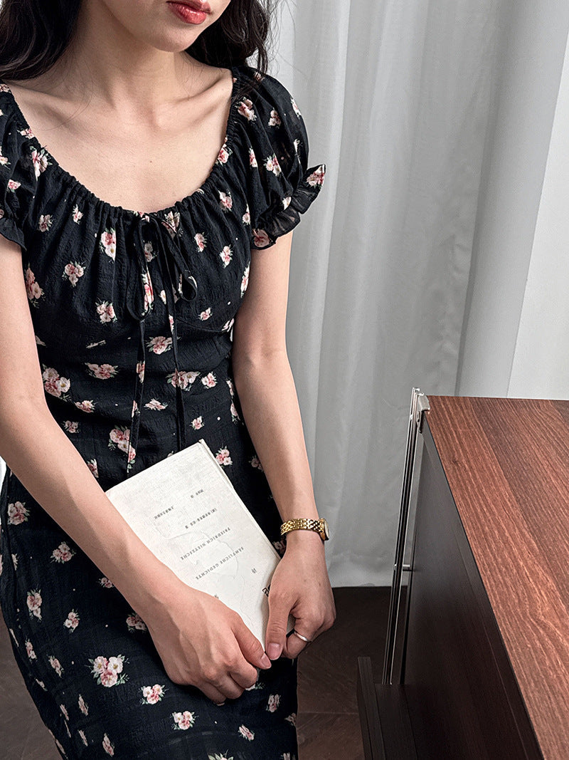 French coffee break bubble sleeve floral dress summer waist thin neckline drawstring long dress