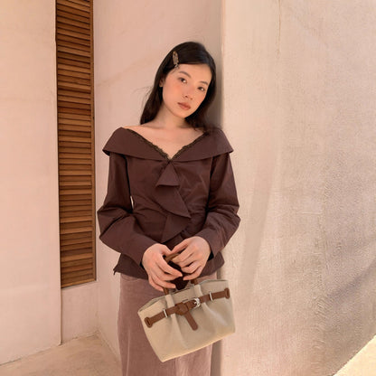 French Sweet Lace V-Neck Long Sleeve Ruffle Shirt