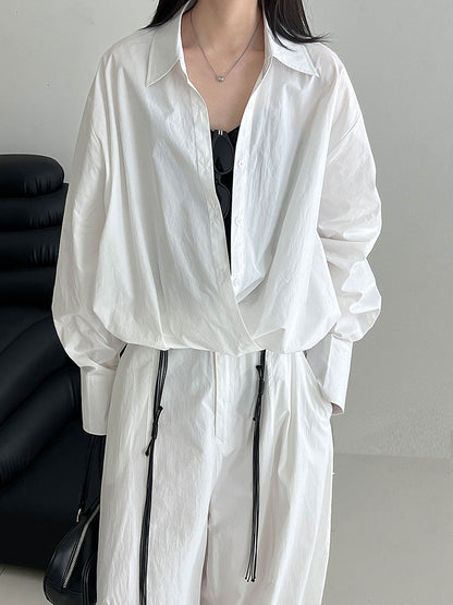 Korean high-texture large V-neck stacked shirt women's autumn lazy design hem waist shirt