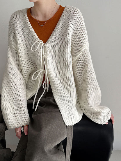 Retro wool lazy soft waxy knitted lace-up cardigan women's early spring new gentle and light sweater