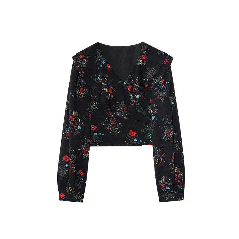 Autumn French brilliant age-reducing short strap floral ruffle edge shirt