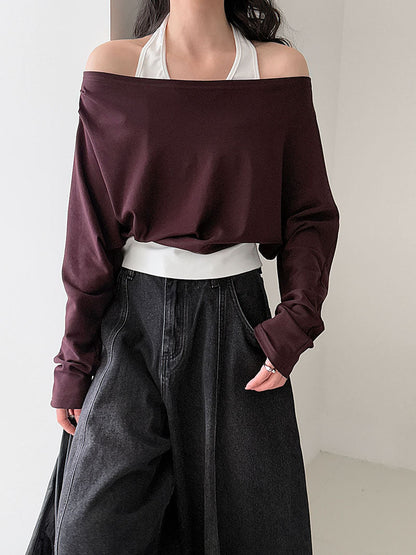 Korean style patchwork mock two-piece halter neck long sleeve t-shirt - women's autumn new design, elegant off-shoulder top