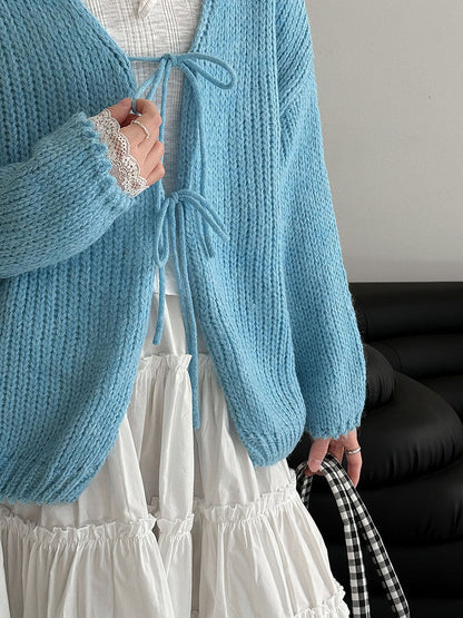 Retro wool lazy soft waxy knitted lace-up cardigan women's early spring new gentle and light sweater