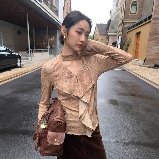 Floral long-sleeved streamer ruffle bottoming shirt