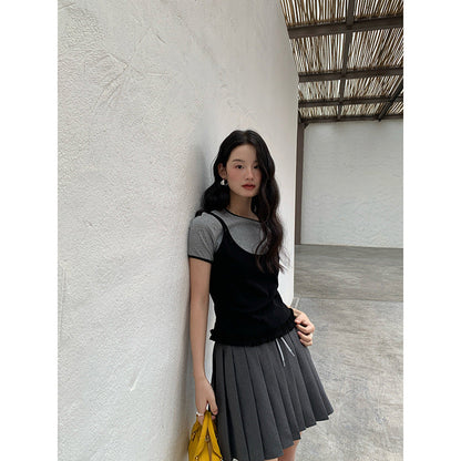 Casual sweet girl stacked double sling vest