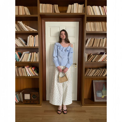 Temperament ruffle edge long-sleeved off-shoulder shirt