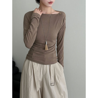 Korean asymmetrical button off-shoulder long-sleeved high-elastic bottoming shirt top women's Qiuxin slim-fitting and thin knitted sweater