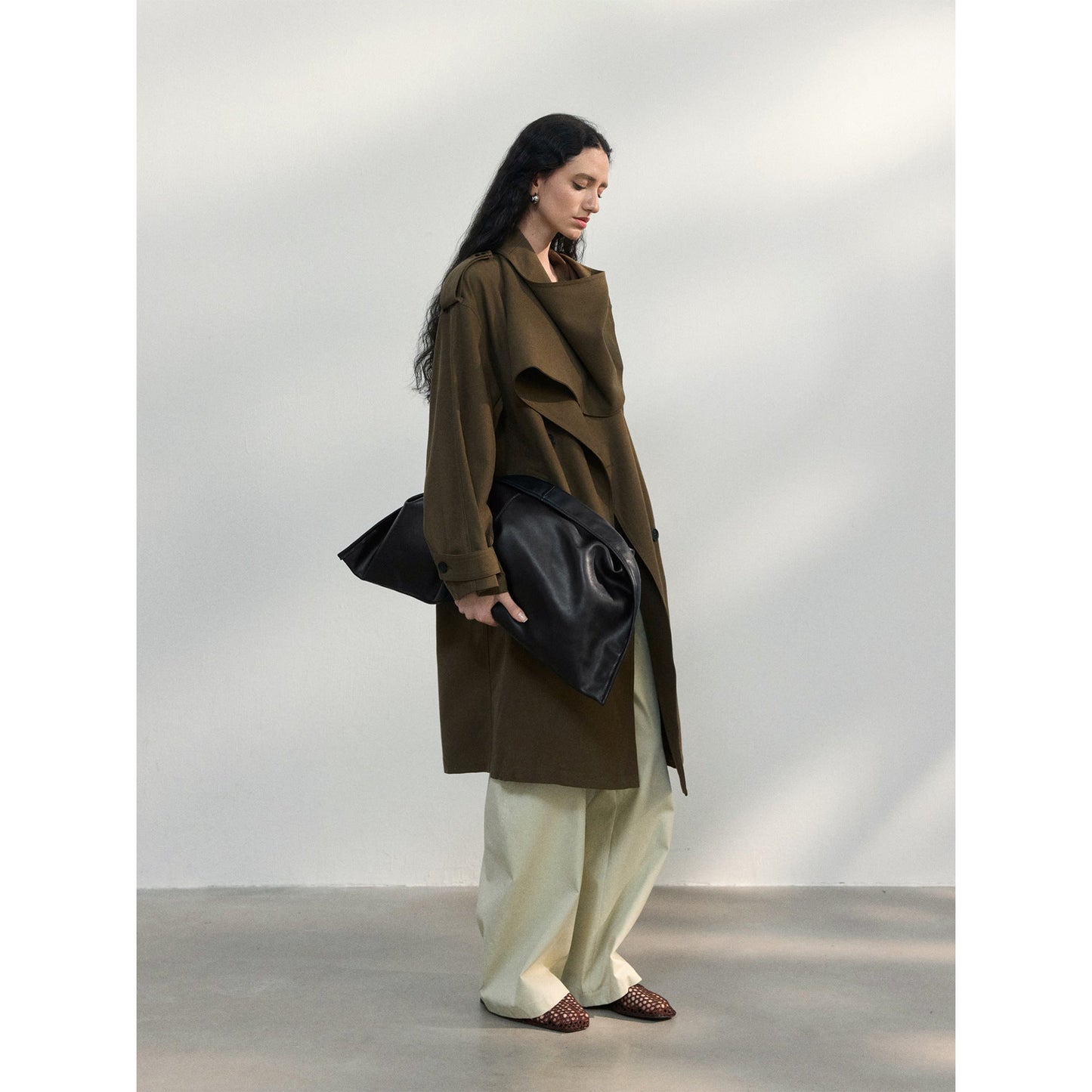 Spring new Tencel linen scarf collar cotton and linen blended large profile trench coat