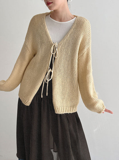Retro wool lazy soft waxy knitted lace-up cardigan women's early spring new gentle and light sweater