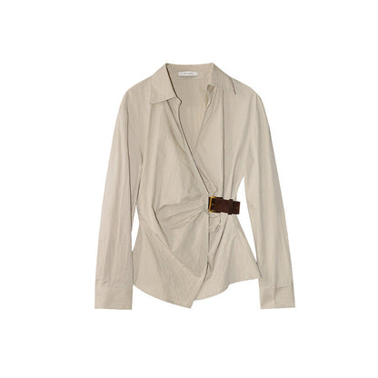 Temperament diagonal placket waist long-sleeved lapel shirt