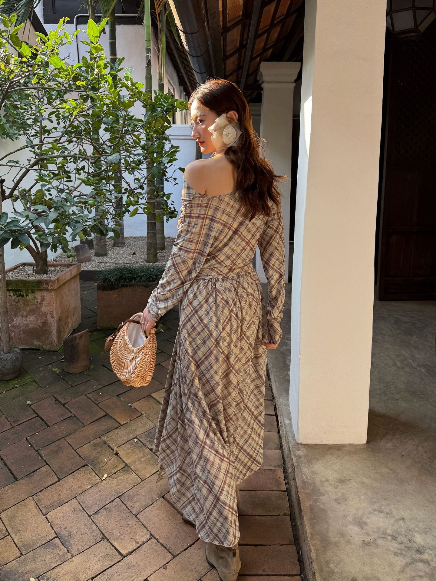 Holiday style plaid mesh strap dress