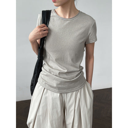 Korean version strap waist T-shirt women's summer new casual round neck versatile short-sleeved front shoulder top