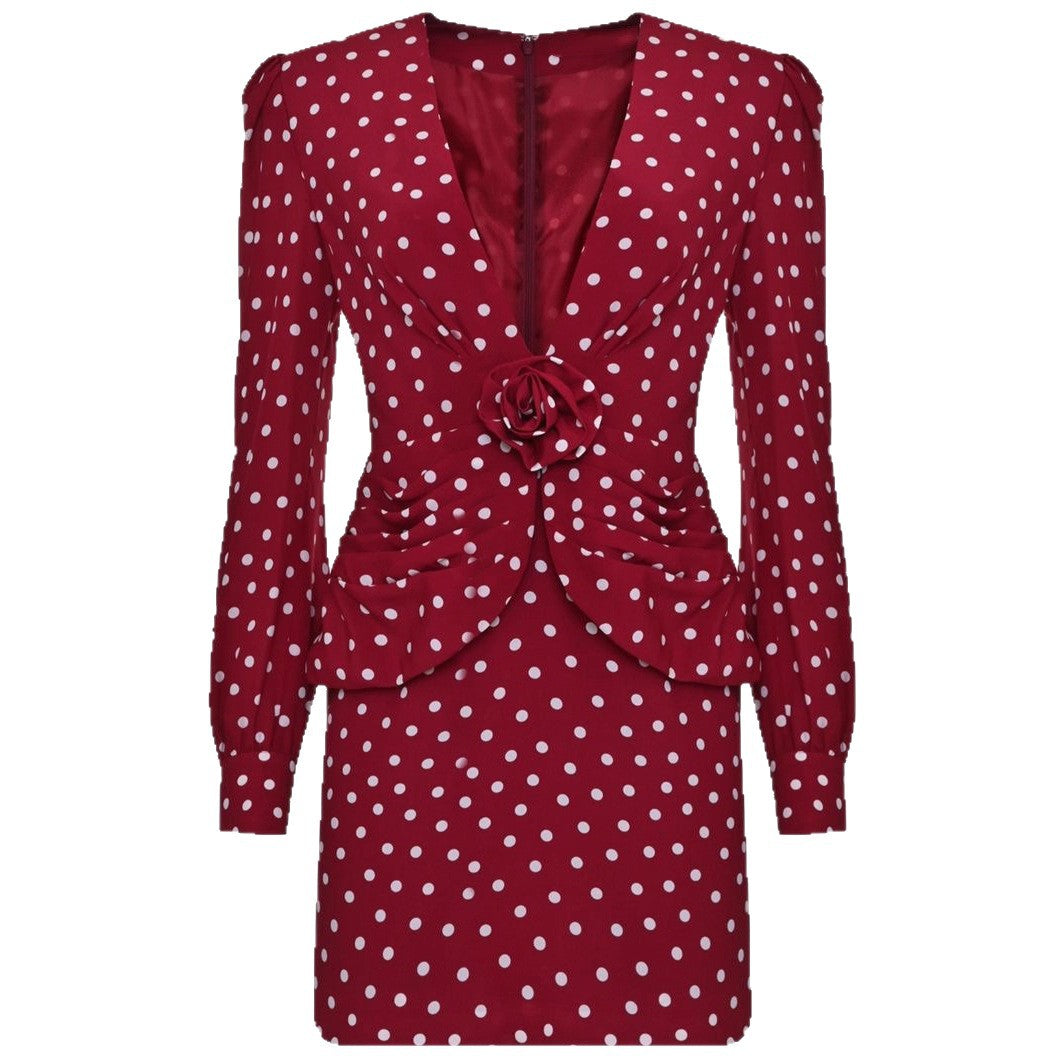Fashion polka dot long-sleeved pleated top jacket skirt set two-piece set