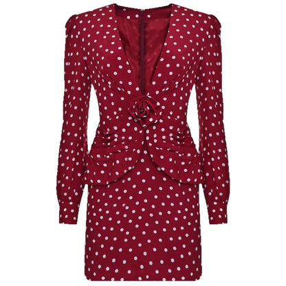 Fashion polka dot long-sleeved pleated top jacket skirt set two-piece set