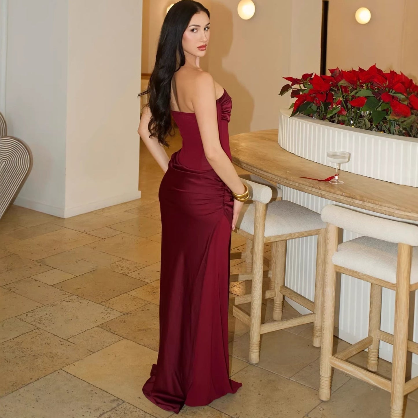 Fashion tube top sexy backless slim evening dress pleated hip skirt satin dress