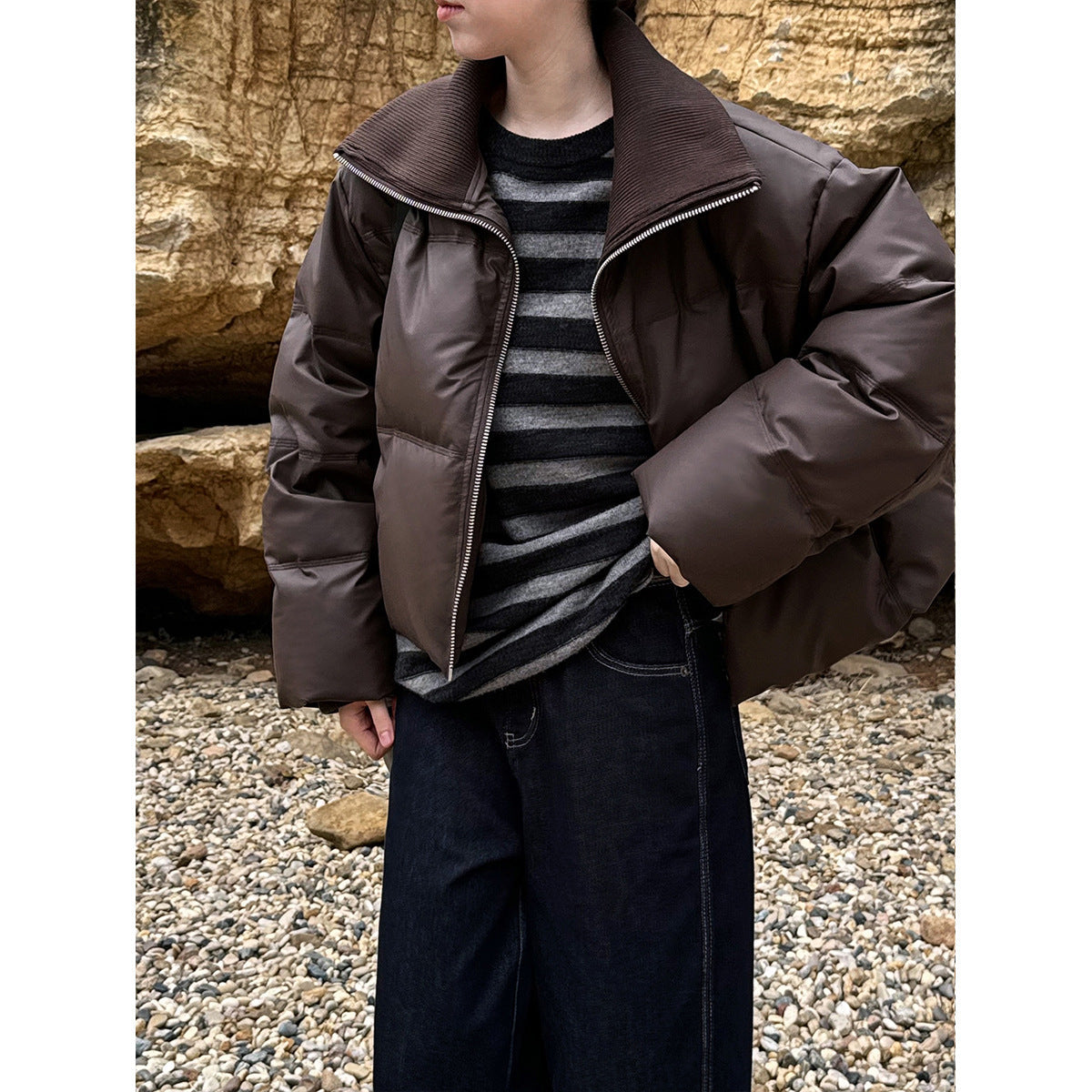 Black label, peace of mind 90 white duck down short bread jacket large lapel splicing pu leather down jacket women's winter new Y70