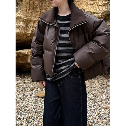 Black label, peace of mind 90 white duck down short bread jacket large lapel splicing pu leather down jacket women's winter new Y70