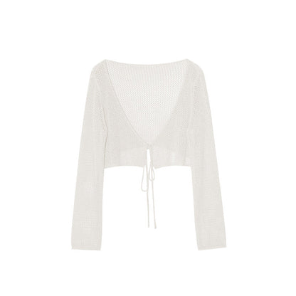 Thin skin-friendly and breathable outer lace-up hollow knitted sweater