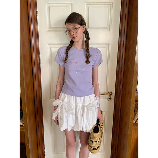 Early spring girl sweet and cute thin beaded round neck short-sleeved T-shirt