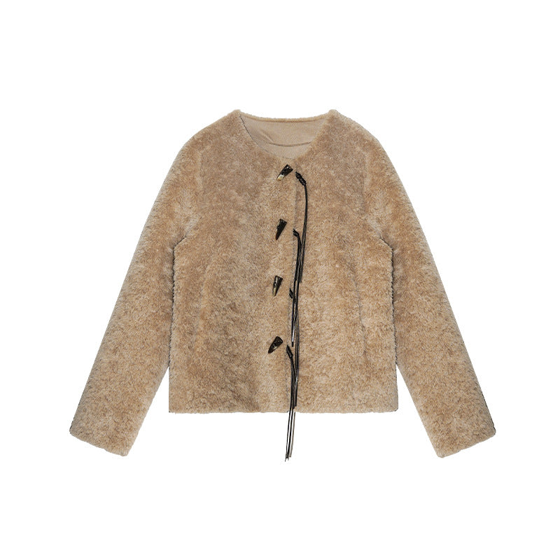 Corner buckle imitation fur pocket fur integrated plush warm jacket