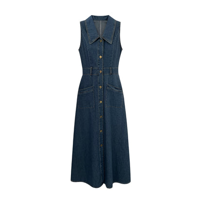 Summer French Retro Lapel Sleeveless Dress