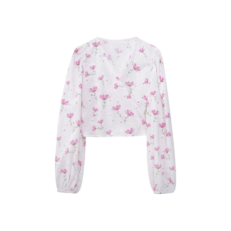 Romantic Girly Style Lace-Up Floral Bubble Sleeve Top