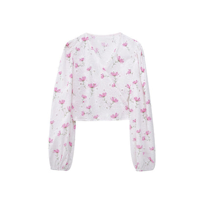 Romantic Girly Style Lace-Up Floral Bubble Sleeve Top