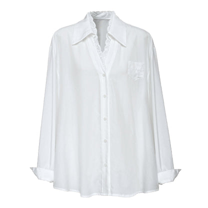 French polo collar lace splicing shirt women's spring new niche high-end temperament top