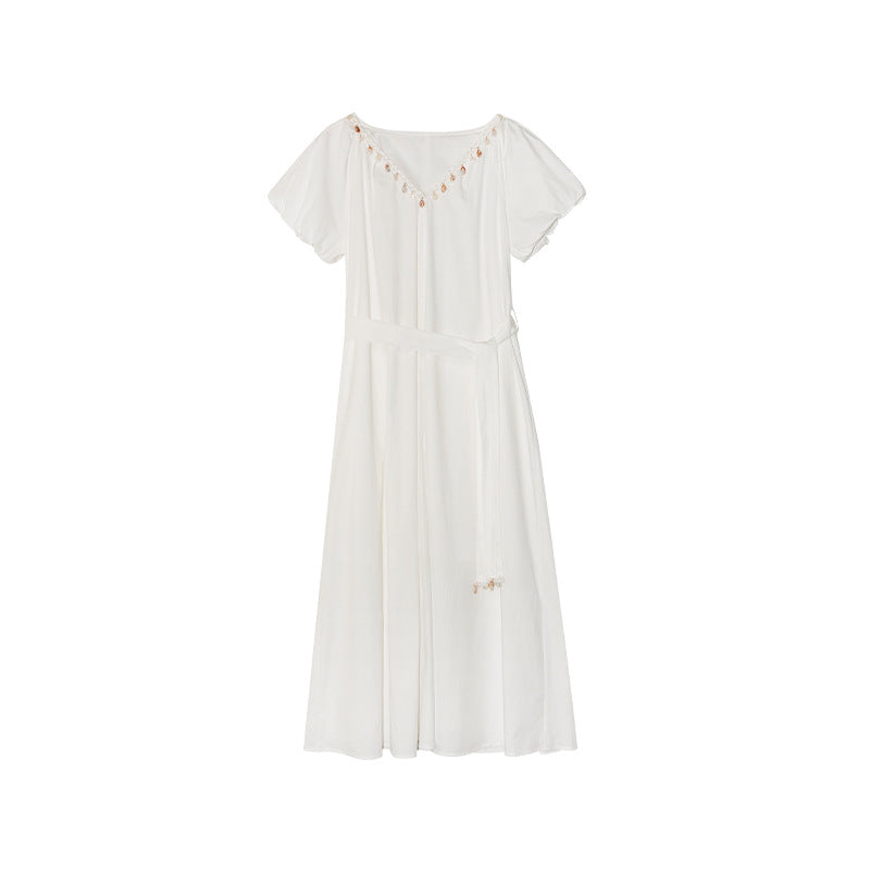 Gentle coffee break shell fringed strap v-neck dress