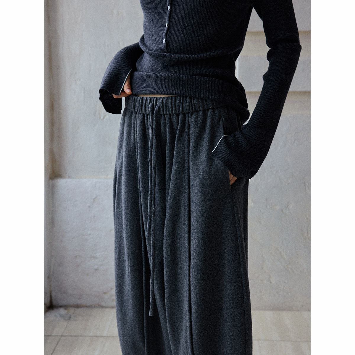 Wool Moisture Warm Rubber Band Contrast Color Elastic Waist Loose Skinny Balloon Casual Pants